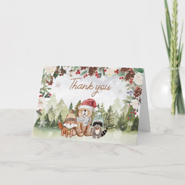 Carte De Remerciements Baby shower forestier d'hiver (Devant)