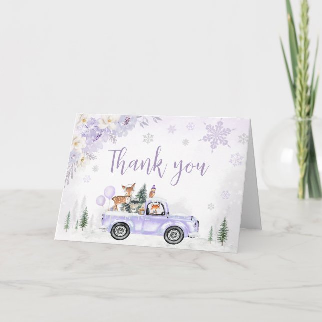 Carte De Remerciements Baby shower forestier d'hiver violet (Devant)