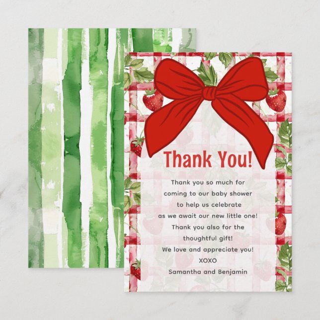 Carte De Remerciements Baby shower fraise (Devant / Derrière)