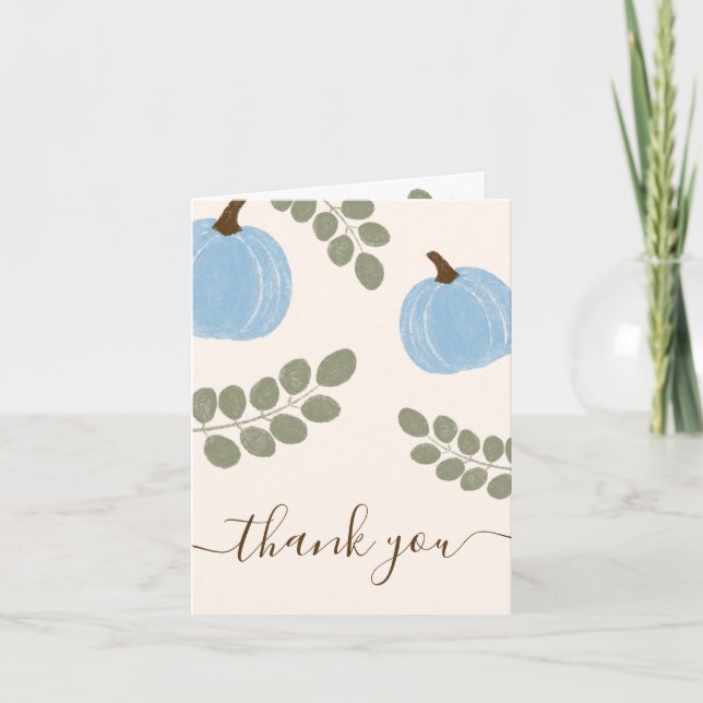 Carte De Remerciements Baby shower garçon d'automne de Citrouille bleu mo (Devant)