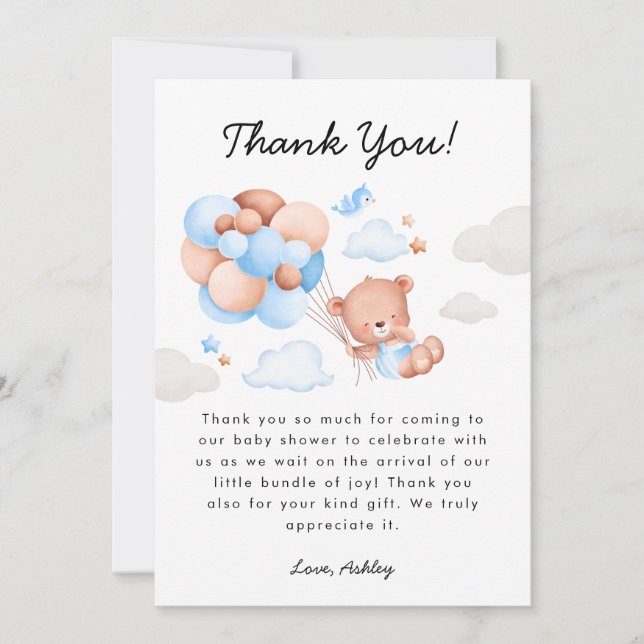 Carte De Remerciements Baby-Shower Garçon Ours en Peluche (Devant)