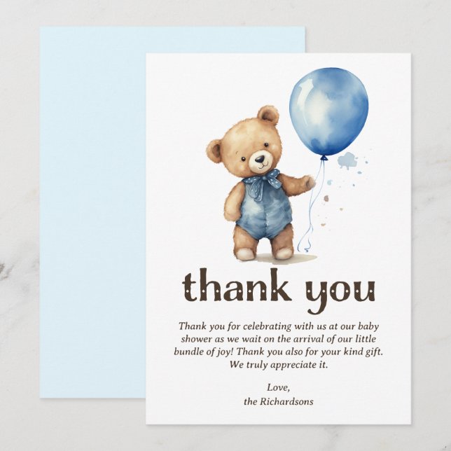 Carte De Remerciements Baby shower Garçon Teddy Bear (Devant / Derrière)