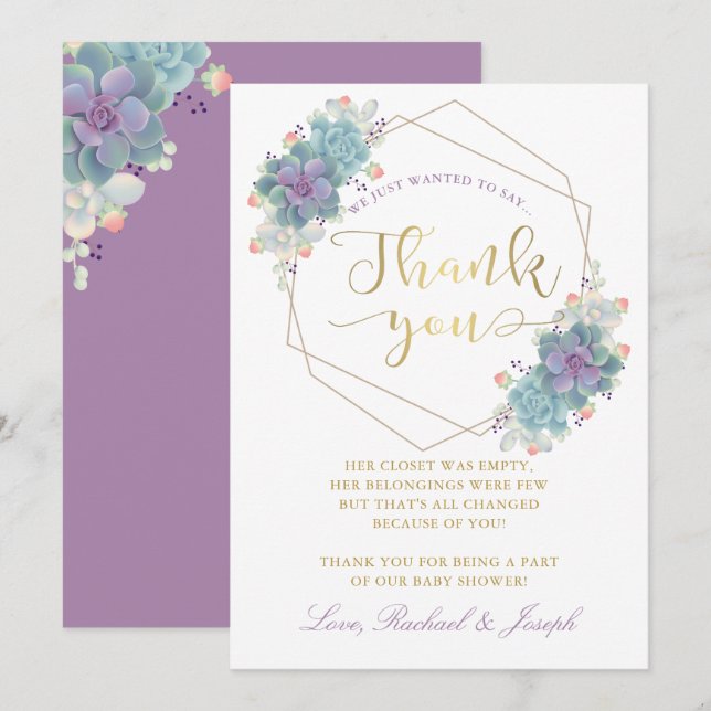 Carte De Remerciements Baby shower géométrique en or violet Succulents (Devant / Derrière)