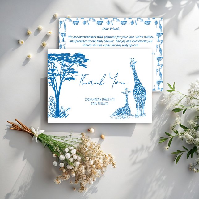 Carte De Remerciements Baby shower girafe bleu Safari toile (Safari blue toile de jouy giraffe cute African animals baby shower thank you cards)