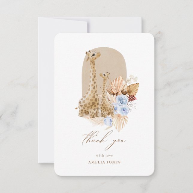 Carte De Remerciements Baby Shower Girafe Herbe de Pampas Bleu Bébé  (Devant)