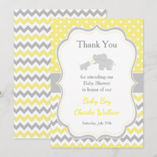 Carte De Remerciements Baby shower jaune et gris éléphant