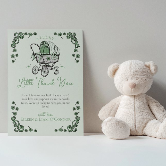 Carte de remerciements Baby shower Jour de la Sain (Cute Green Irish Baby Shower Thank You Card. Hand Drawn Vintage Baby Carriage Stroller, Shamrocks)