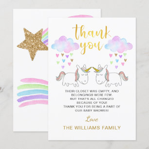 Carte De Remerciements Baby shower jumeau Pastel Rainbow Unicorn