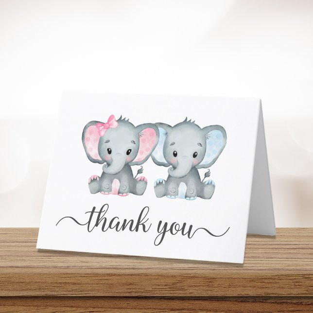 Carte De Remerciements Baby shower Jumeaux Jeune Fille Eléphante (Créateur téléchargé)