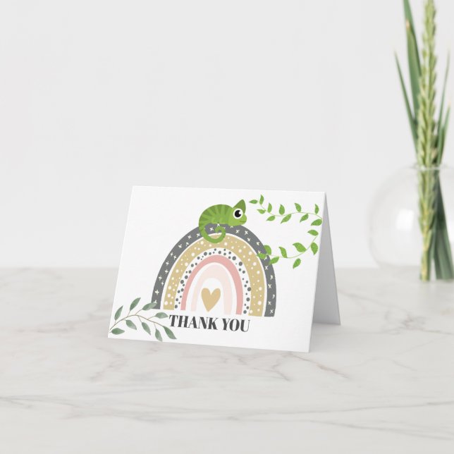 Carte De Remerciements Baby shower Jungle, Arc En Ciel Et Chameleon (Devant)