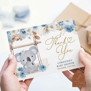 Carte De Remerciements Baby shower Koala Dusty Blue Boho
