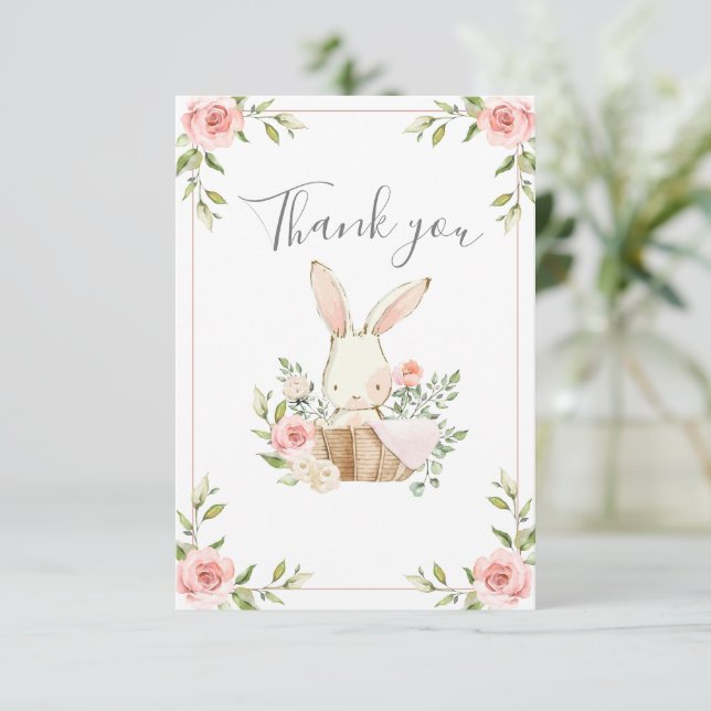 Carte De Remerciements Baby shower lapin à lapin rose (Debout devant)