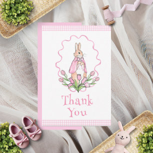 Carte De Remerciements Baby Shower Lapin Rose à Carreaux Floral