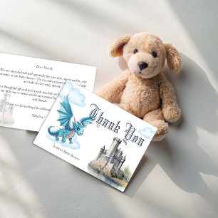 Carte De Remerciements Baby shower médiéval pour bébé dragon bleu