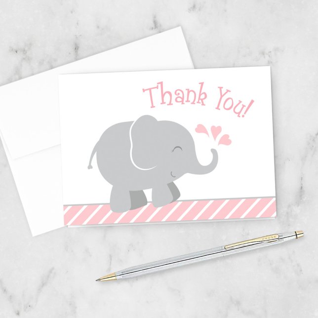 Carte De Remerciements Baby shower moderne Blush et Grey Elephant Girl (Créateur téléchargé)
