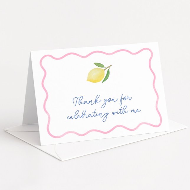 Carte De Remerciements Baby Shower Moderne Rose Clair aux Bordures Ondulé (Modern boho pink squiggle border with citrus lemon wedding shower thank you cards)