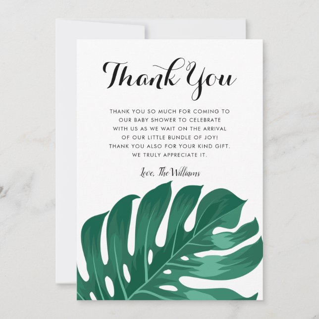 Carte De Remerciements Baby shower moderne Tropical Monstera Green Leaf (Devant)