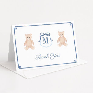 Carte De Remerciements Baby shower Monogramme classique de l'ours en pelu