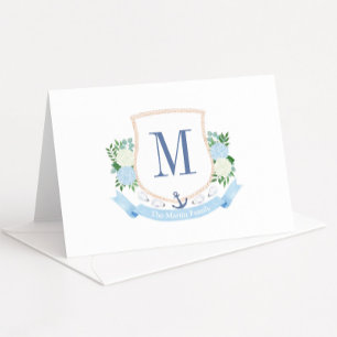 Carte De Remerciements Baby shower Monogramme Côtier Bleu Et Blanc