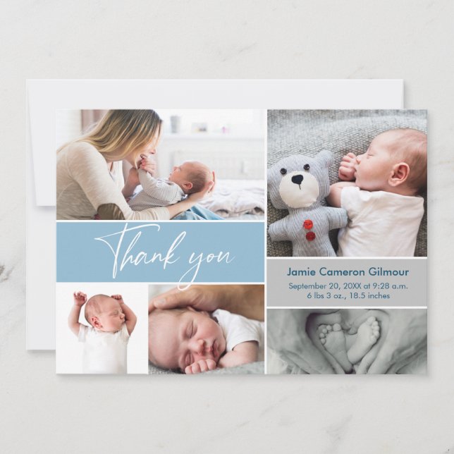 Carte De Remerciements Baby shower multiphoto bleu moderne (Devant)