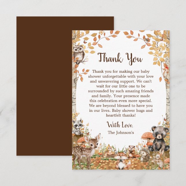 Carte De Remerciements Baby shower neutre de forêt rustique (Devant / Derrière)