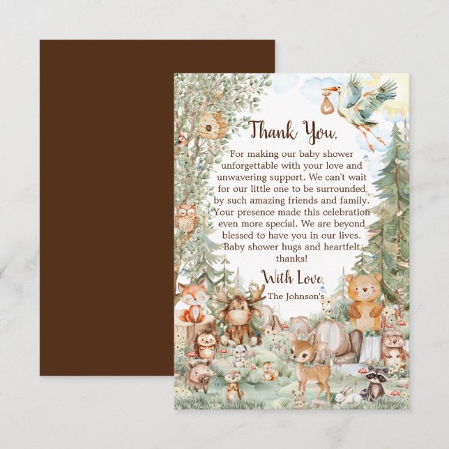 Carte De Remerciements Baby shower Neutre forestier (Devant / Derrière)
