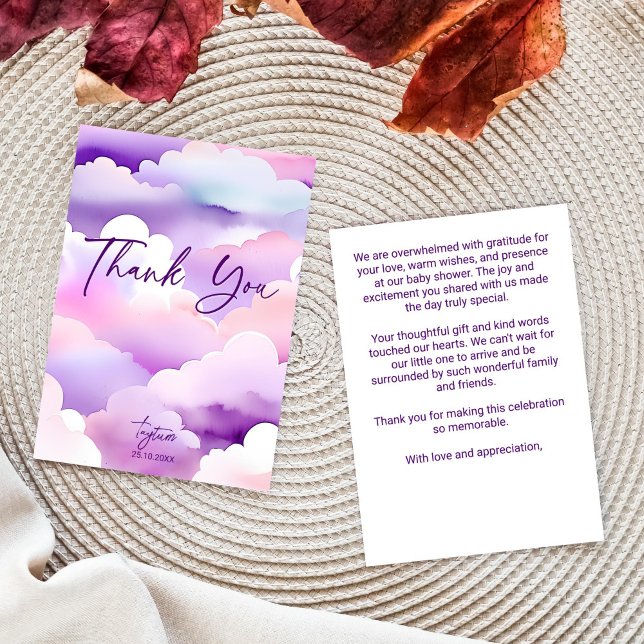 Carte De Remerciements Baby shower nuages violets baby shower nuage (Cloud baby shower purple clouds baby shower thank you card watercolor clouds thank you cards)