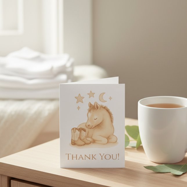Carte De Remerciements Baby shower occidental (Soft cowboy baby boots and foal thank you card)