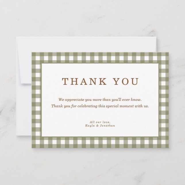 Carte De Remerciements Baby shower Olive Green En vichy (Devant)