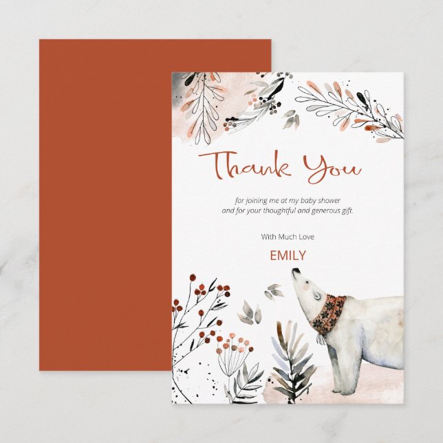 Carte De Remerciements Baby Shower Ours Polaire Feuillage Orange Brûlé (Devant / Derrière)