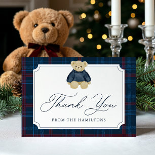 Carte De Remerciements Baby Shower Oursin Teddy Bear Carreaux Navy Prépa