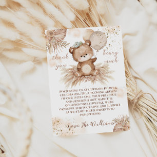 Carte De Remerciements Baby shower Pampas Beige Teddy Bear