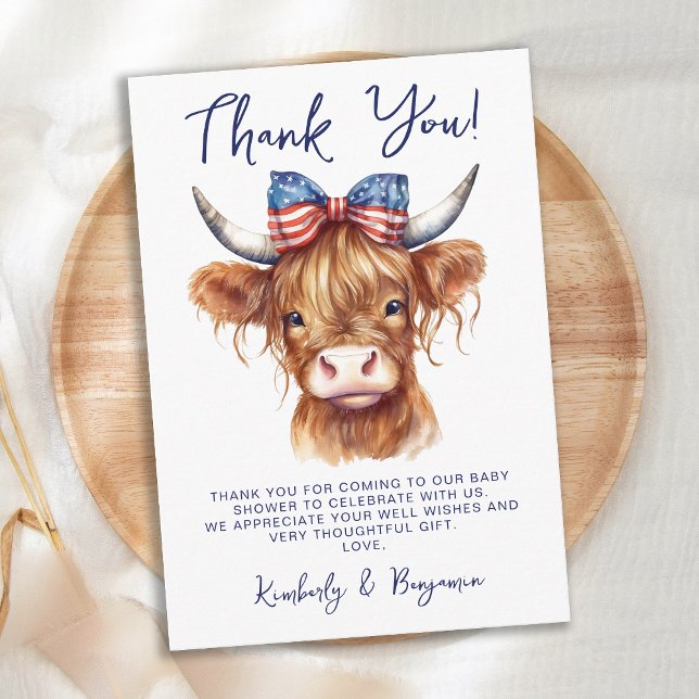 Carte De Remerciements Baby shower Patriotique Highland Cow (Créateur téléchargé)
