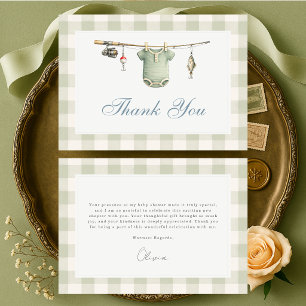 Carte De Remerciements Baby Shower Pêcheur Gingham Vert Sauge