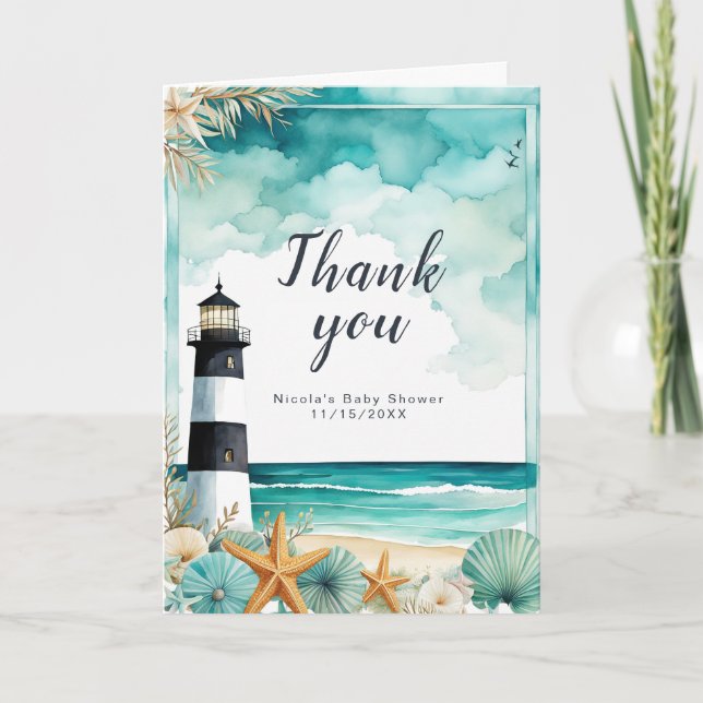 Carte De Remerciements Baby shower phare nautique (Devant)