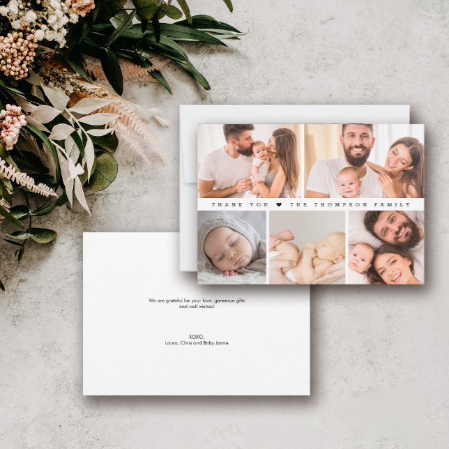 Carte De Remerciements Baby shower Photo Collage simple (Simple photo collage, baby shower thank you family card.)