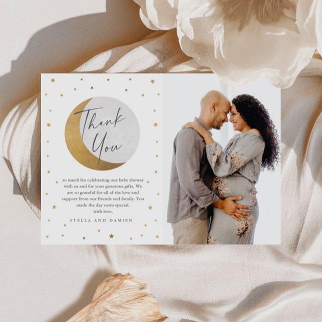 Carte De Remerciements Baby shower photo Gold Moon & Stars (Gold Moon and Stars Baby Shower Photo Thank You Card.)