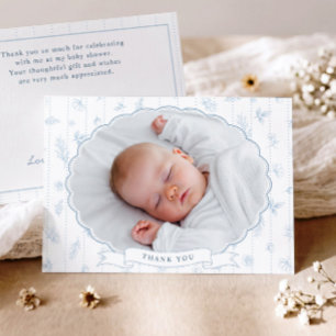 Carte De Remerciements Baby Shower Photo Ovale Fleur Bleu Vintage