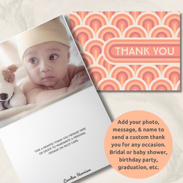 Carte De Remerciements Baby shower photo personnalisé Peach Retro Art Déc (Créateur téléchargé)
