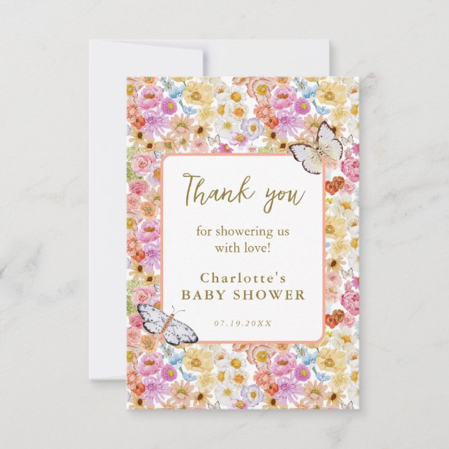 Carte De Remerciements Baby shower plat à fleurs de papillon d'été (Devant)