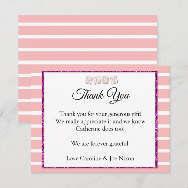 Carte de remerciements Baby shower rose (Devant / Derrière)