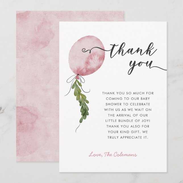 Carte De Remerciements Baby shower rose Balloon Garland (Devant / Derrière)