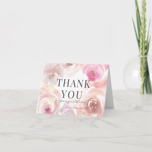 Carte De Remerciements Baby shower Rose bébé en fleurs aquarelle (Devant)
