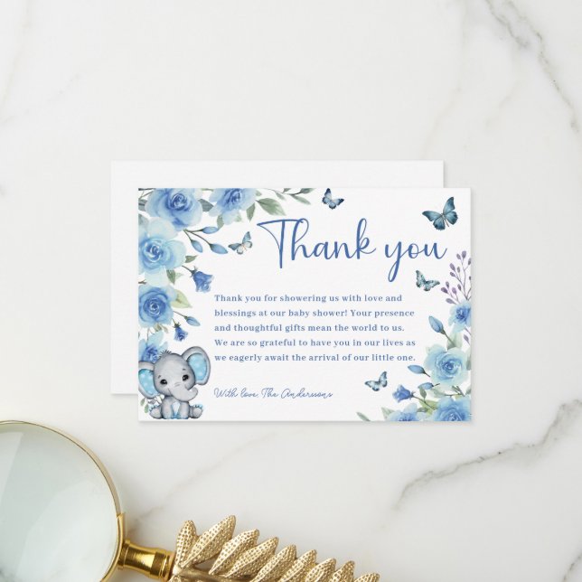Carte De Remerciements Baby shower Rose bleu bébé Elephant Dusty (Devant/Arrière en situation)