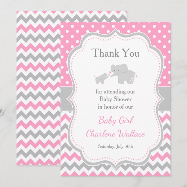 Carte De Remerciements Baby Shower Rose et Gris Éléphant (Devant / Derrière)
