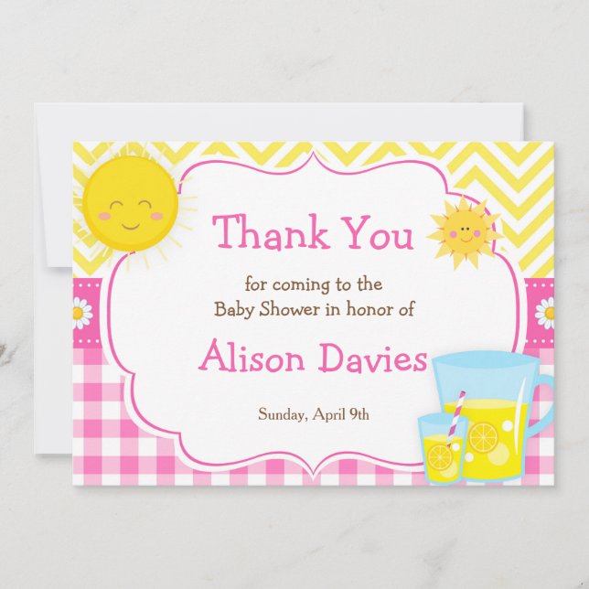 Carte De Remerciements Baby shower rose et jaune citronné (Devant)