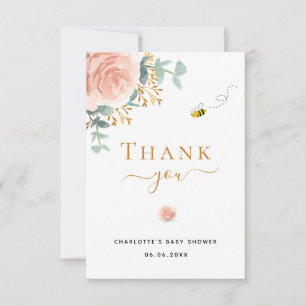 Carte De Remerciements Baby shower rose fleuri eucalyptus vert abeille