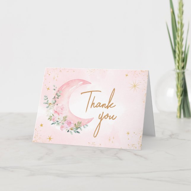 Carte De Remerciements Baby shower rose lune et étoiles (Devant)