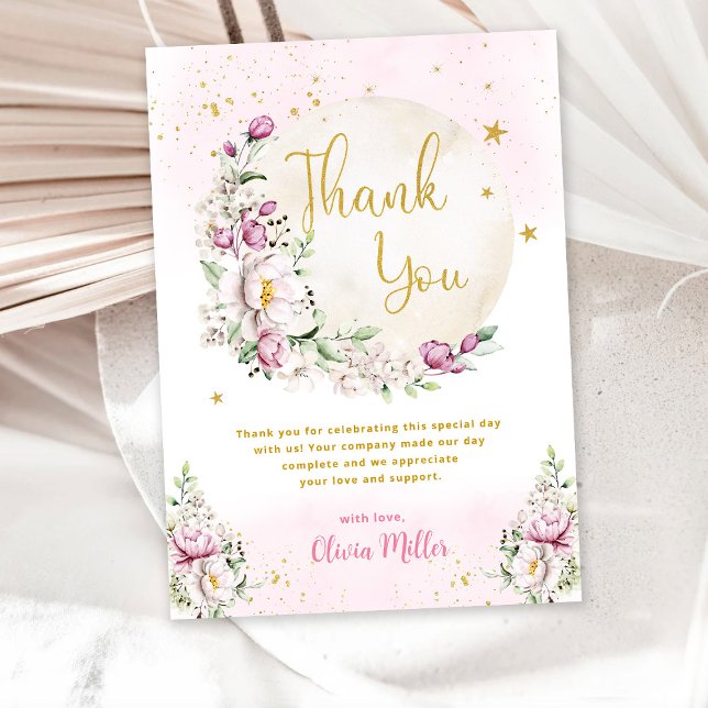 Carte De Remerciements Baby shower rose lune florale (Créateur téléchargé)