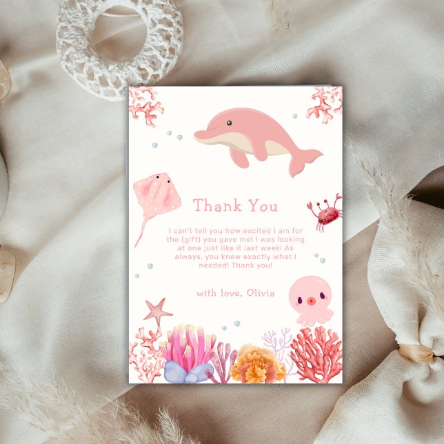 Carte De Remerciements Baby shower Rose mignonne Océan Dauphin Girl (Pink Cute Ocean Dolphin Girl Baby Shower Thank You Card)
